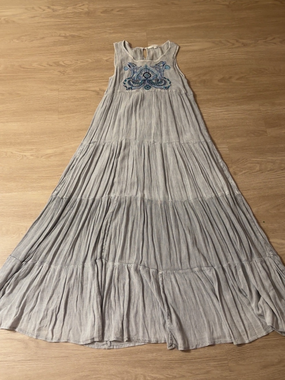 Solitaire Light Gray Tiered Maxi Dress with Blue Embroidered Yoke